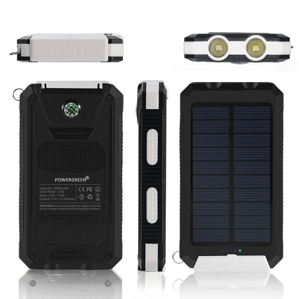 PowerGreen Waterproof USB Solar Power Bank 10000mah ROHS Battery Charger with LED Light Solar Cell Phone Charger