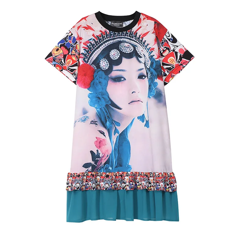 
wholesale Seasonal new dress Loose print spliced mid-length short sleeved T shirt dress 