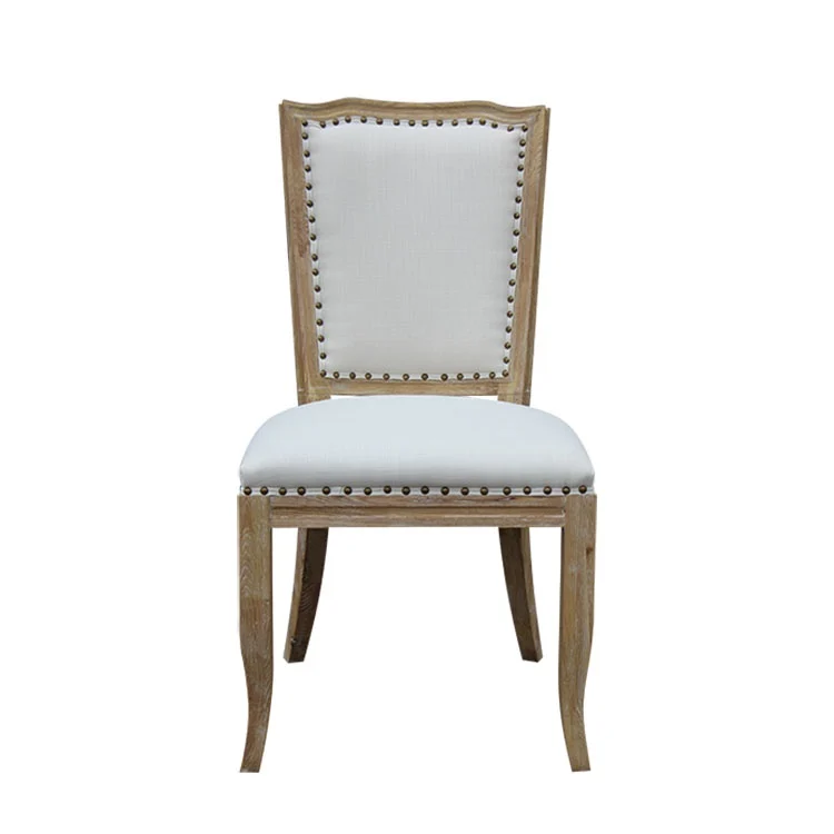 French Country Farm House Style Dining Room Furniture Linen Fabric Upholstered Oak Wood Louis Dining Chairs
