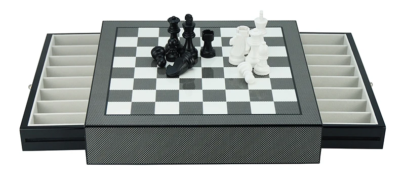 Carbon Fiber Wooden Chessboard Game Set with Drawer