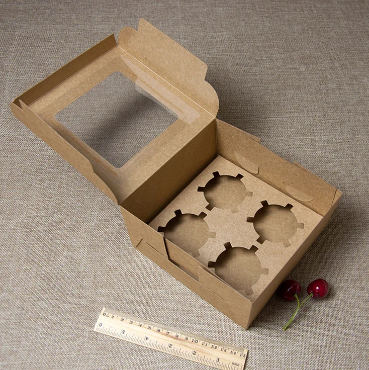 Kraft white paper 4-pane cup cake foldable box sri lanka design custom packaging flat lid egg tart box with pvc window wholesale