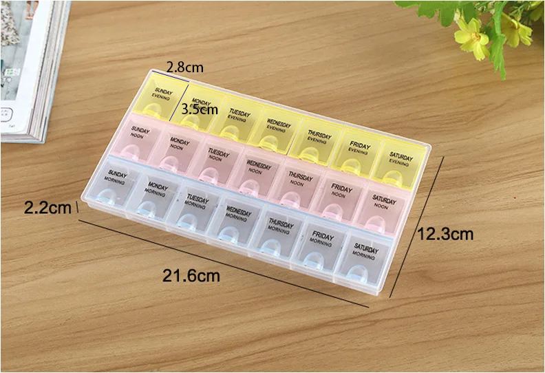 Latest Design 21 Grids Small Drug Health Kit Portable One Week Rainbow Pill Box