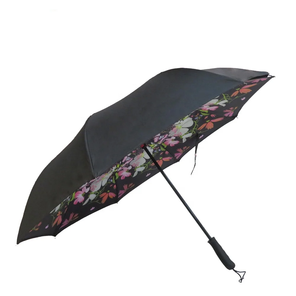 23 inch reverse flower print double layer hands free black handle umbrella