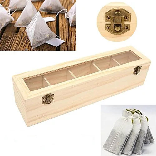 Antique Chest Tin Caddy Holder Glass Lid Pine Wood Dry Food Storage Container Organizer