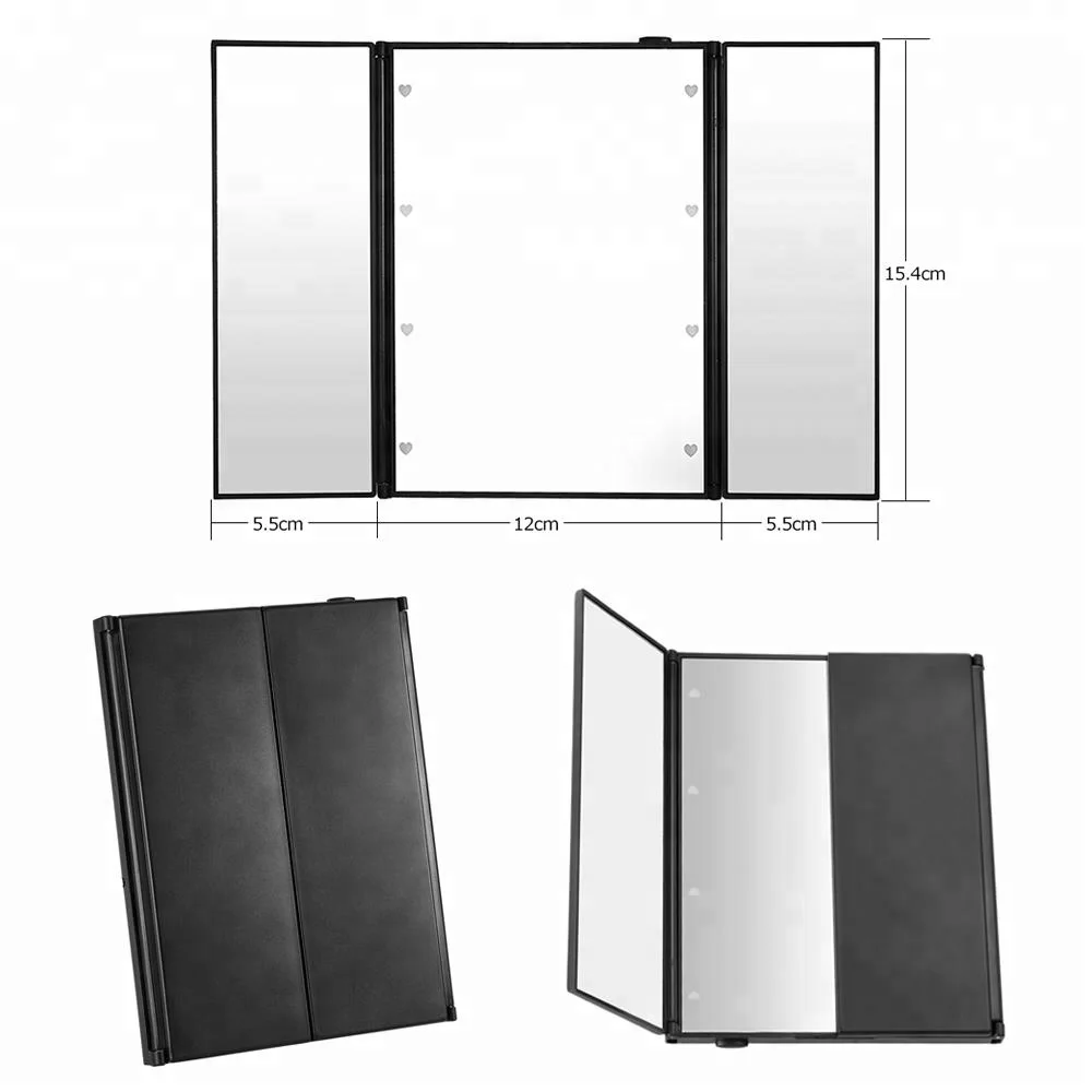 Fashionable Superior Foldable Tri-sided 8 LED Lighted Makeup Mirror Vanity Tabletop Mirror Black Square Shape for Women