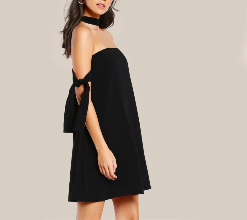 2022 Women Western Dresses Names Photos Sexy Off Shoulder Tie Sleeve Black Backless Short Mini Dress