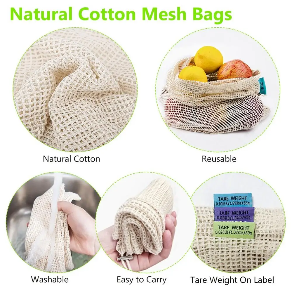 Logo Custom Tag Customize Reusable Produce Cotton Mesh Bag Set of 8/9/12 Pack Durable Pure Cotton Eco Friendly Mesh Muslin Bags