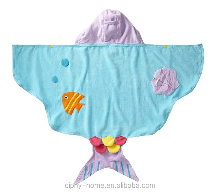 Blue Mermaid  Cotton Hooded Custom  Printed Towel for Children  Beach Swimming Bath Towel