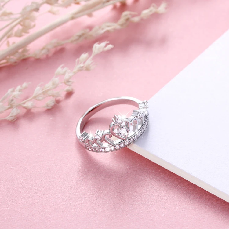 Korean Style Luxury 925 Sterling Silver Princess Heart Crown Tiara CZ stone Ring