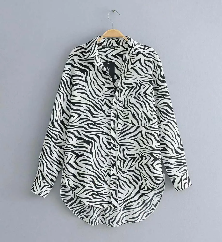 Good quality turn down collar animal print blouse women custom long sleeve shirt