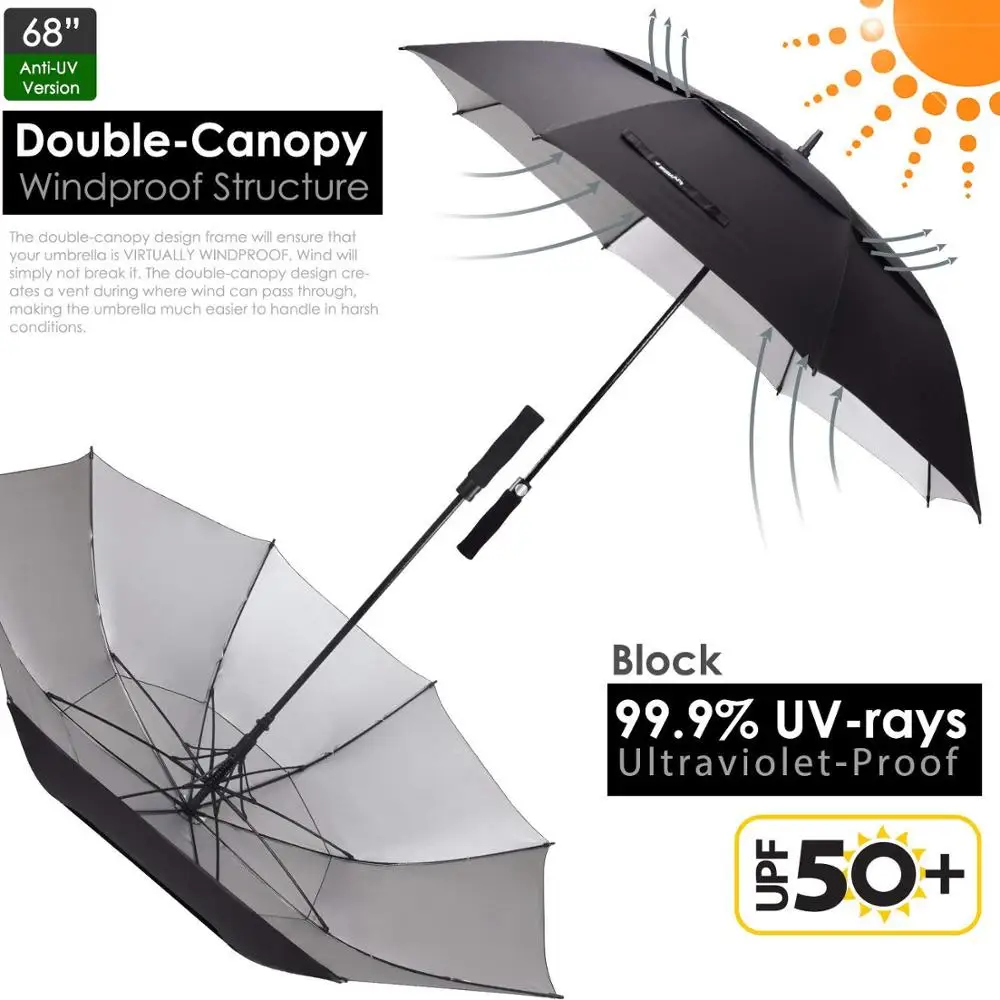 
62/68 inch Windproof Large Vented Golf Umbrella Including Classic & UV Protection Version Double Canopy Rain and Sun Umbrella 