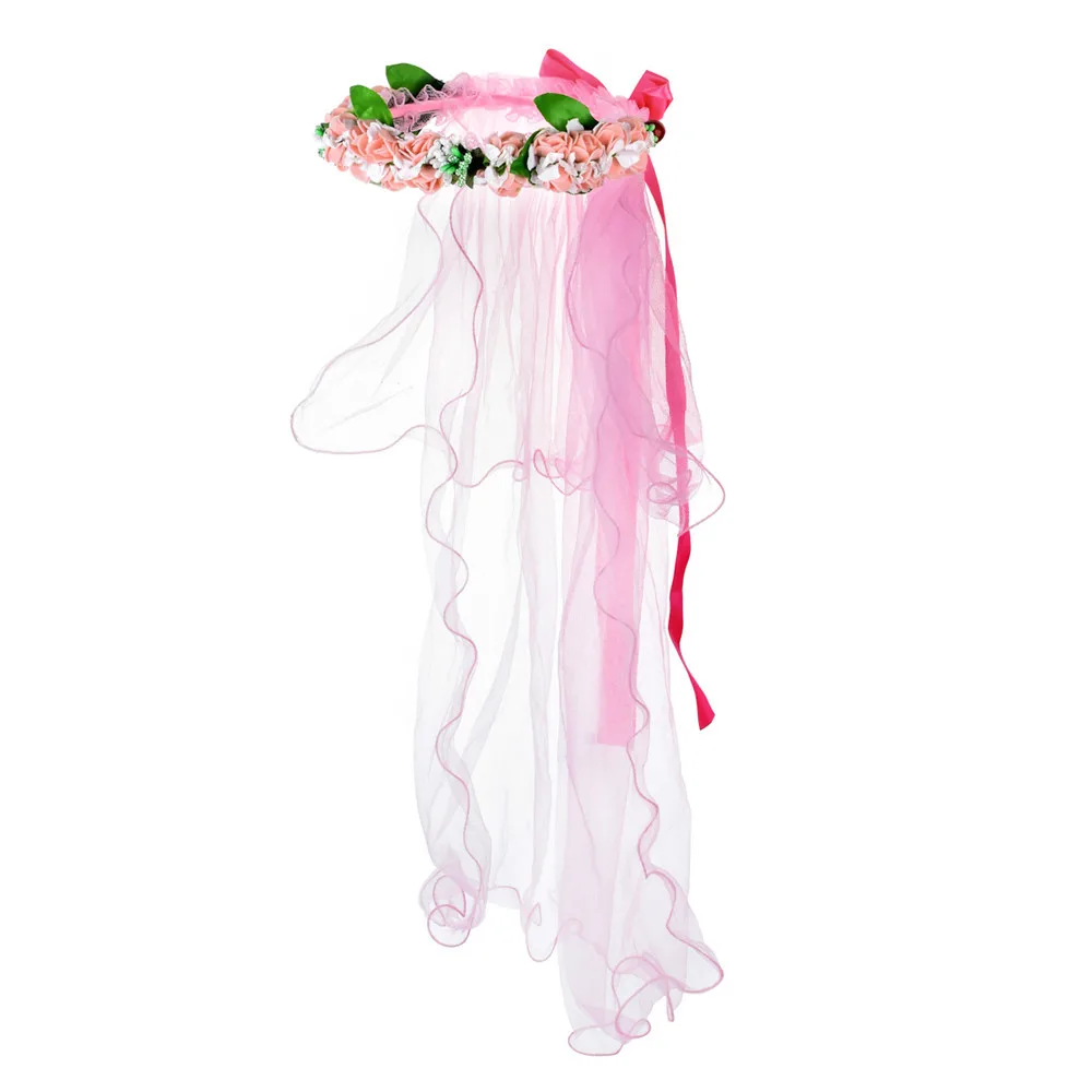 Детский венок с вуалью, детский головной убор, праздничные аксессуары для волос, красная, розовая, синяя детская Цветочная вуаль, новинка 2019