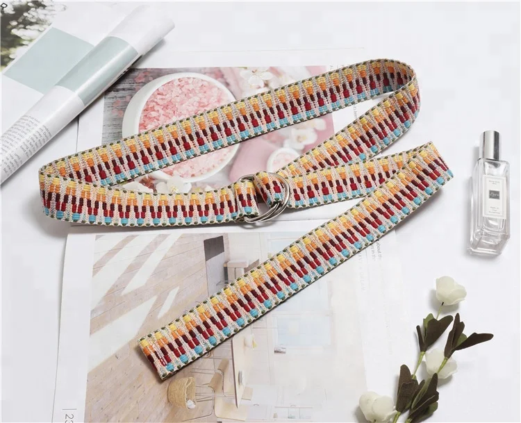wholesale 2018 new fashion multi color ethnic canvas belts woven ladies long BF double ring belt women girdle