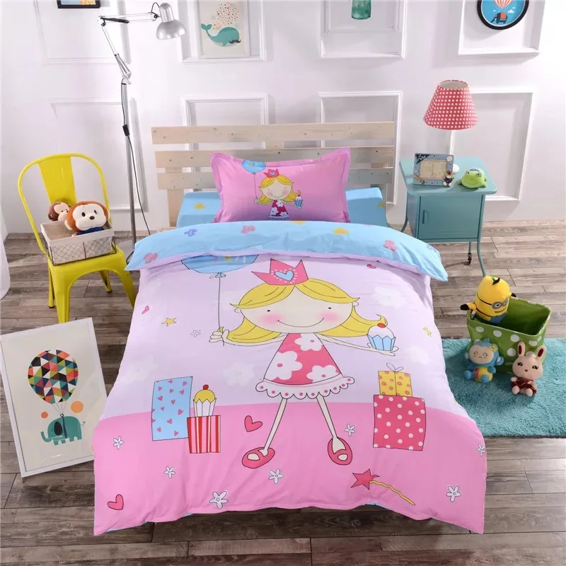
Teen Girls Embroidery Cartoon, 100% Cotton Princess Lace Duvet Set, Kids Bedding Set image, Pink Twin Size 3Pcs 
