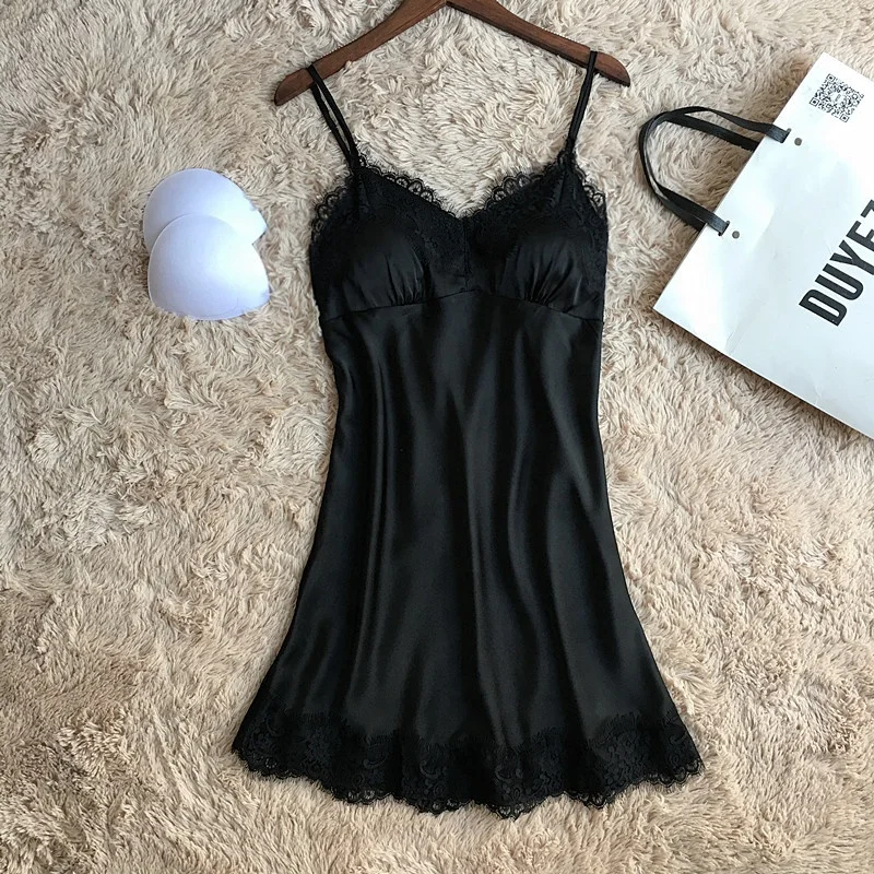 High Quality Lingerie Silk Sleepwear Sleeveless Chemise Pajamas Satin Lace Night Dress for Women