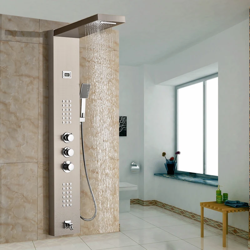 
Wholesale and Retail Brushed Nickel Thermostatic Shower Panel Waterfall Rainfall with Massagers Jets 