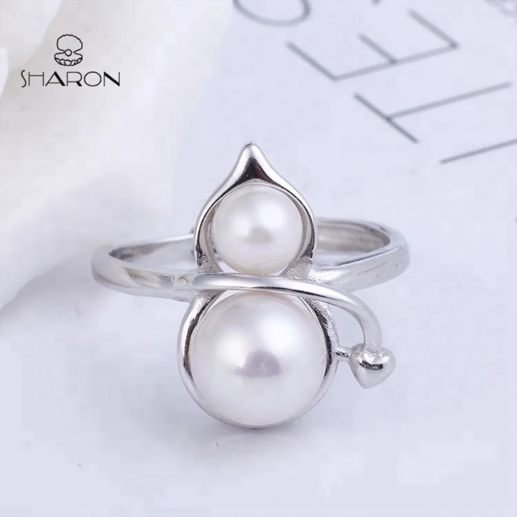 Hot Sale Jewelry Gourd Shaped Sterling Silver Adjustable Natural Freshwater 2 White Pearl Ring