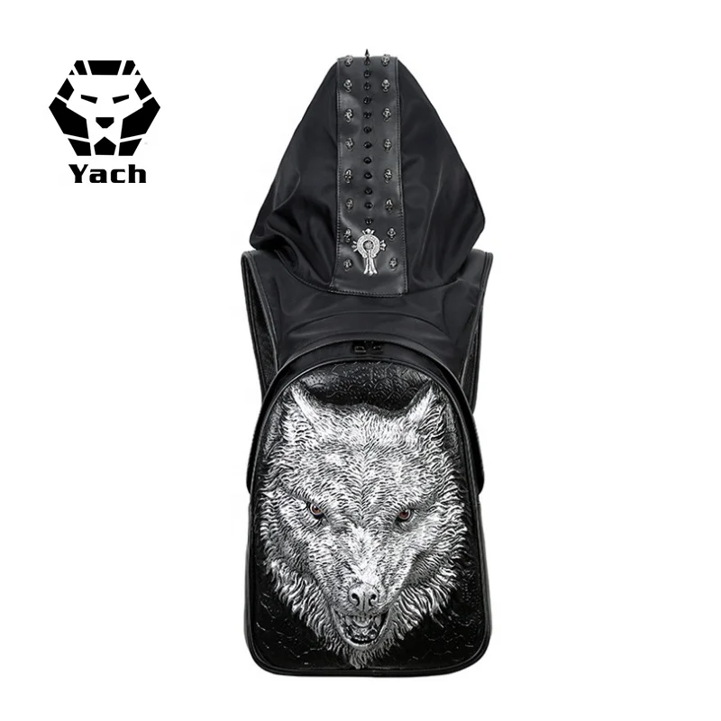 Creative hat pu backpack 3D fierce wolf men and women outdoor travel computer bag magic school pu laptop men backpack