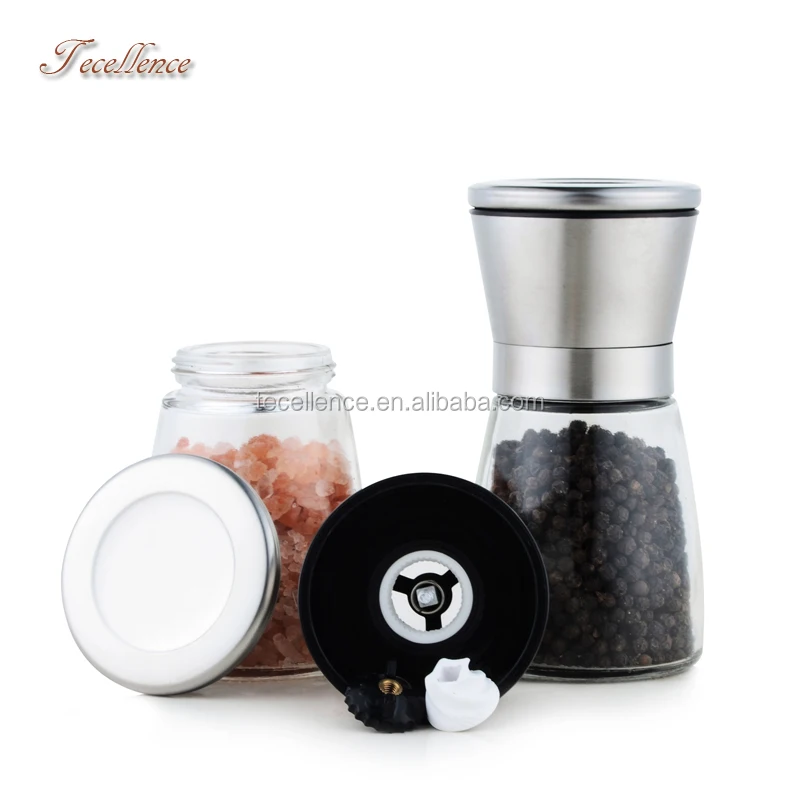 Manual Salt Pepper Grinder Set, Stainless Steel Pepper Grinder Mill with Glass Bottle