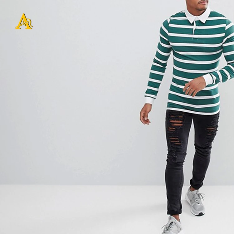 
Fashion High Quality Men Cotton White and Green Stripe T Shirt Long Sleeve Polo Shirt 