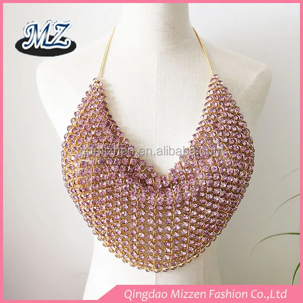 Latest design gold color body chain jewelry sexy big rhinestone women body chain bra