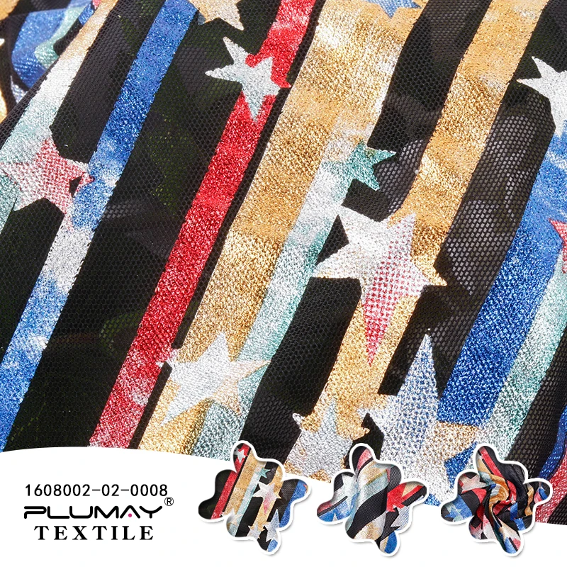 Shaoxing keqiao new style star foil rainbow stripe knitted mesh fabric for dress clothing textile custom elastic fashion ripstop