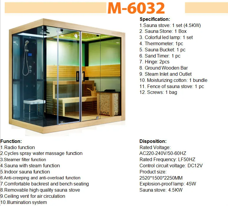 Traditional Dry Sauna and Luxury Steam Shower Cabin (M-6032)
