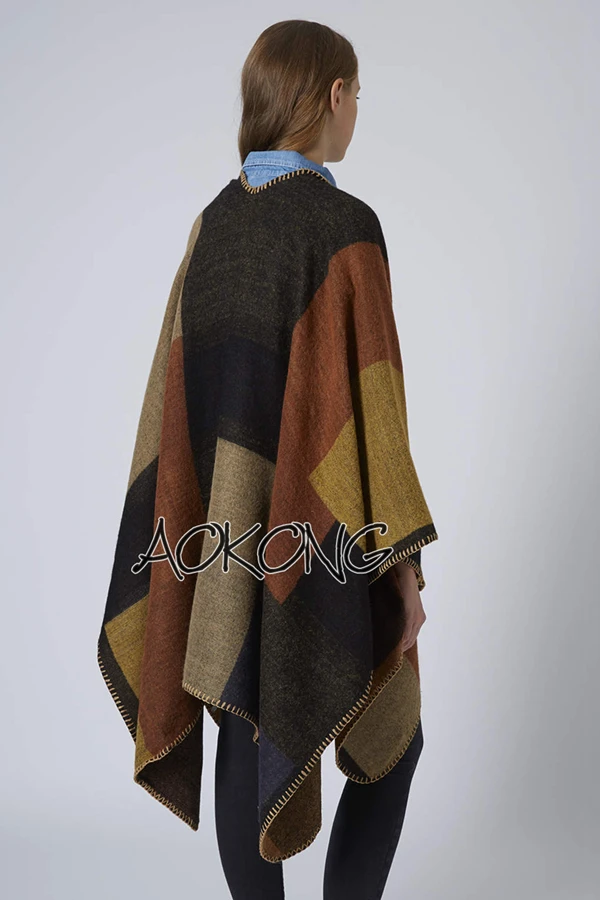 2015 brand colour block stitched blanket cape coat winter scarf plaid women poncho wraps check top cashmere acrylic shawls