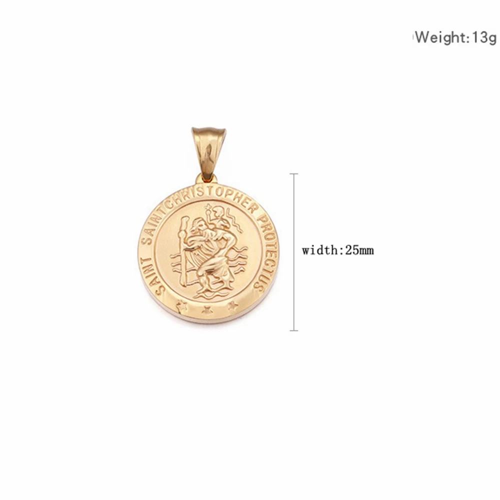 MECYLIFE Stainless Steel Gold Plated Medallion Saint Christopher Protect Us Religious Jewelry Men Coin Necklace