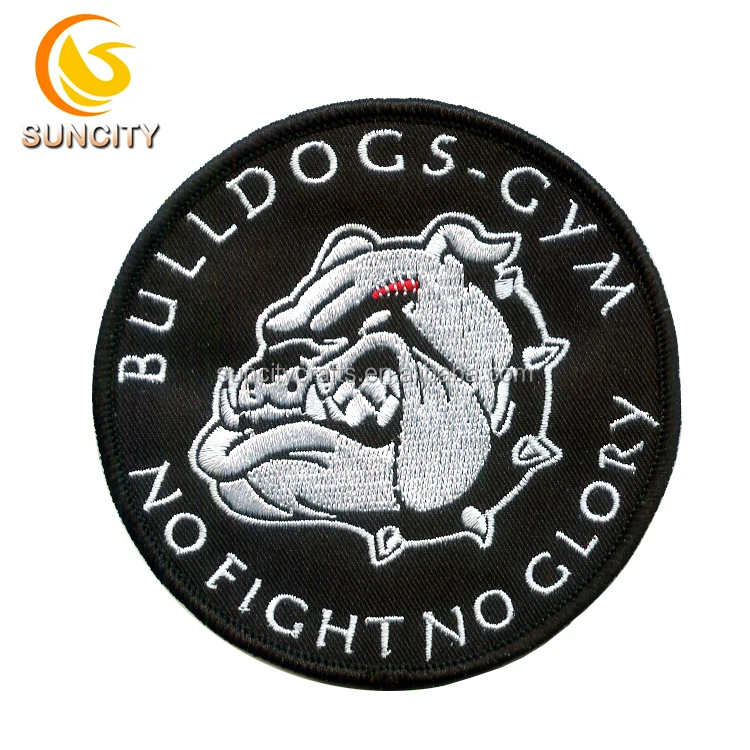 Hotsale Custom Logo Patch Bulldogs-gym no fight no glory Design Black round badge Embroidery Patch With Iron on For Uniform