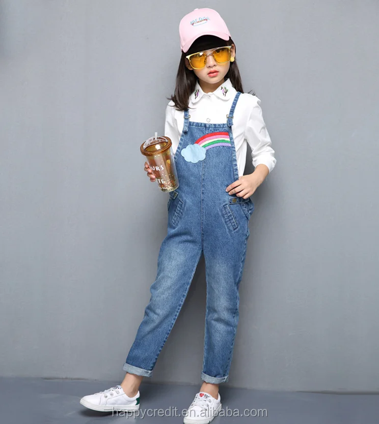 
Custom Embroidered Rainbow Cloud Buckle Up Bib Denim Overalls for Girls 