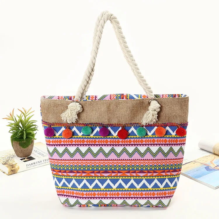 Wholesale Aztec Print Pattern Canvas Beach Tote Bag With Grommet Handles