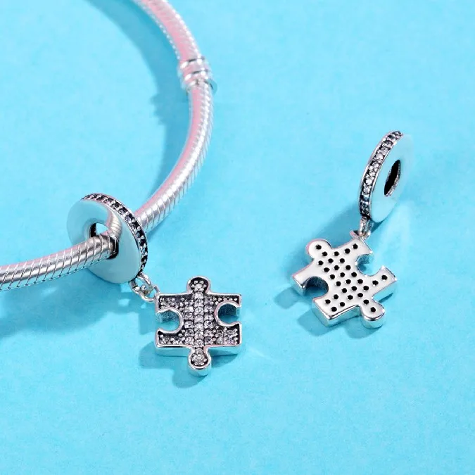 
925 Sterling Silver Puzzle shape Dangle Charms Clear CZ Charms Fit Snake Chain Bracelet and Necklace 