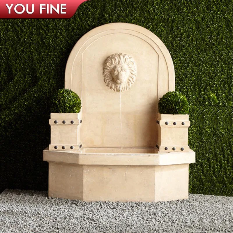 
Outdoor Handcarved Beige Marble Stone Water Wall Fountain Lion Head for Backyard 