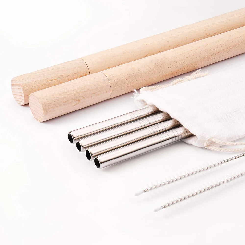 Набор многоразовых металлических трубок для напитков из нержавеющей стали с деревянными чехлами ручной работы