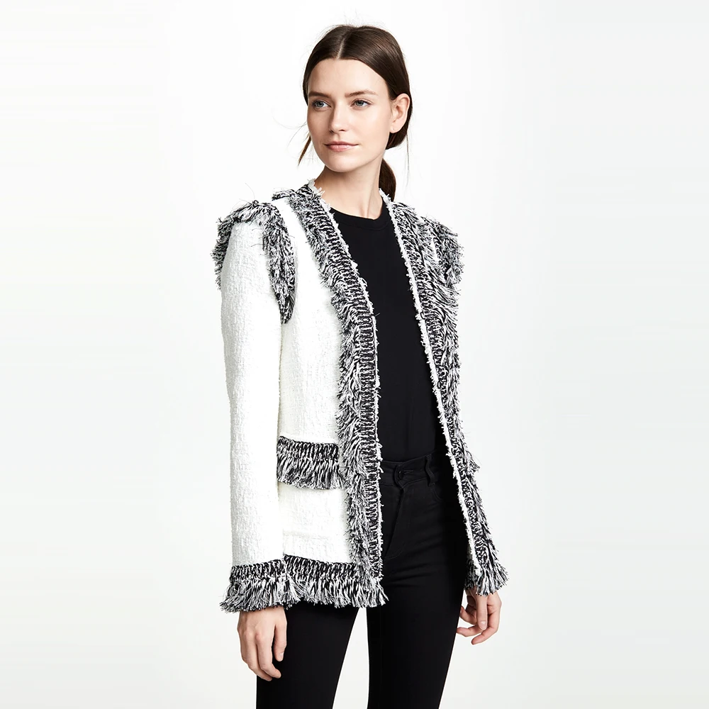Latest winter jacket open stitch white vintage slim fit fashion tassel cutting plus size blazer jacket casual suit ladies blazer