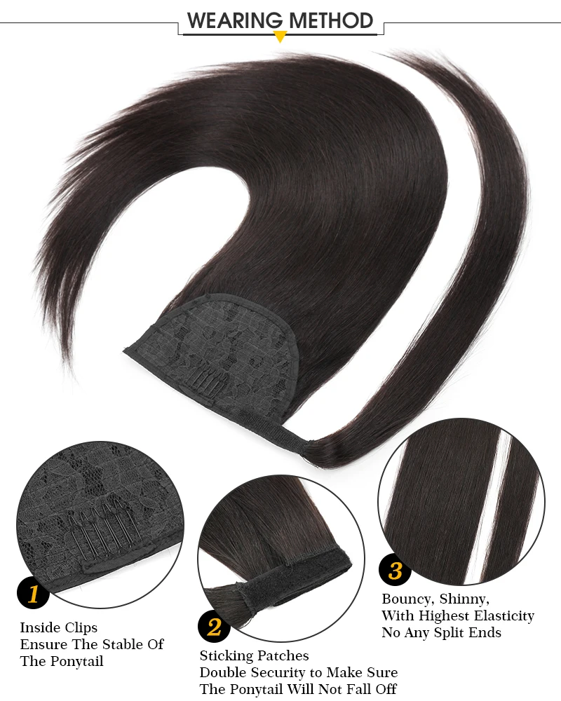 100% Natural Virgin European Remy Human Hair Extensions Long Black Stick-On Clip-in Ponytail Instant Wrap Straight Style