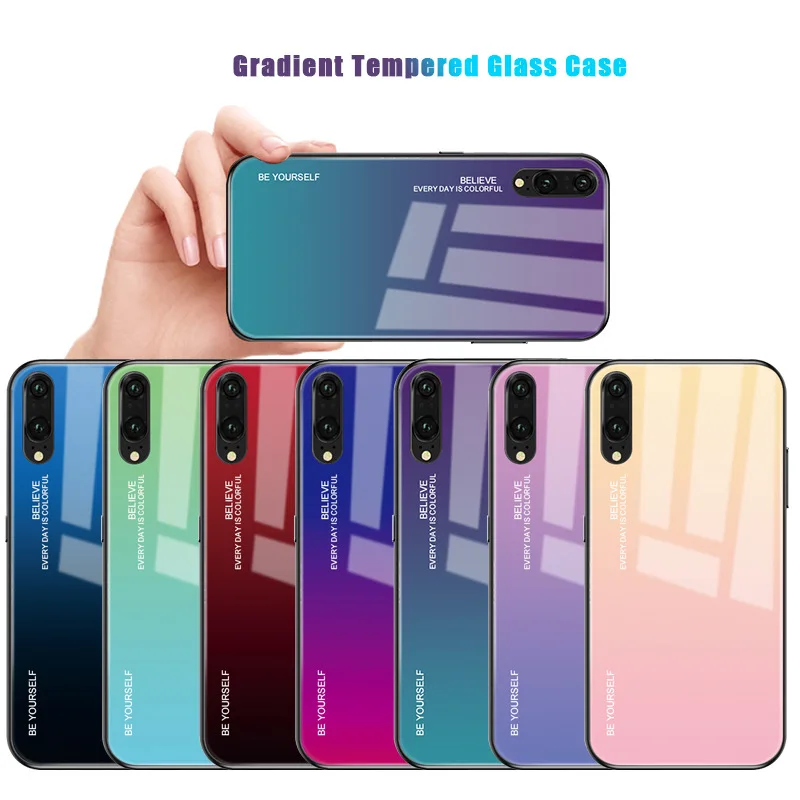 Colorful Rainbow Gradient Phone Case For Huawei P20, 2019 Nova 4E Y5 mate 20 P30  Pro Lite P smart plus Glass Cover
