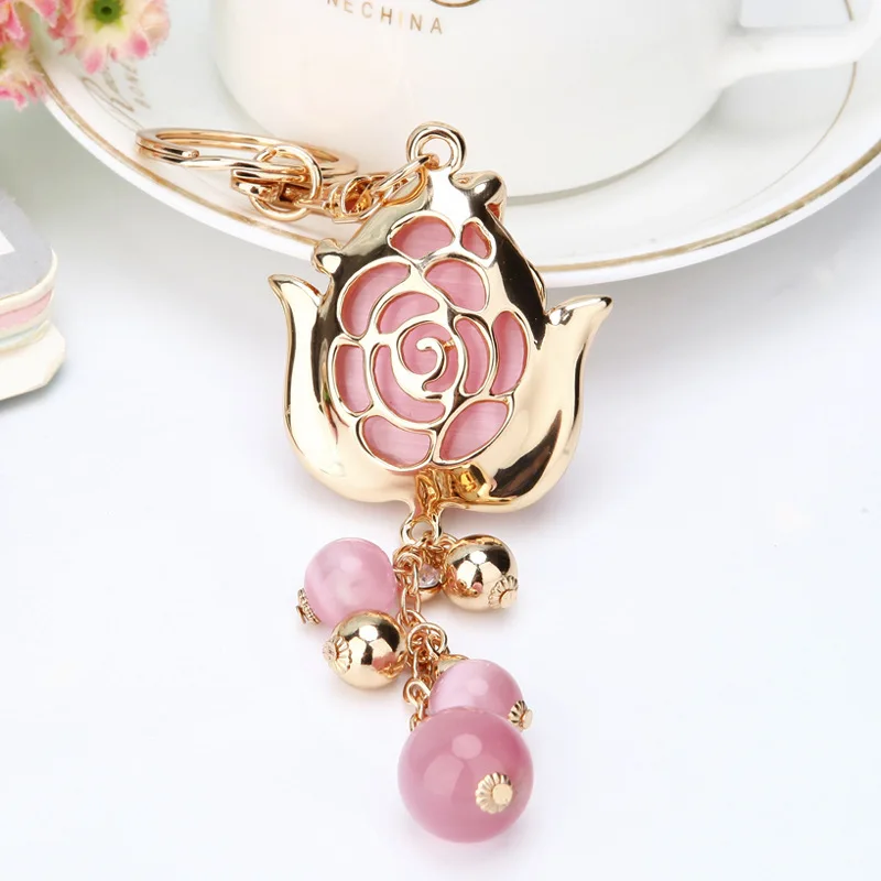 Оптовая продажа, брелок для ключей с кристаллами, опалом, розовым цветком, роза, металлический брелок для ключей для девочек, украшения для сумок, детские украшения, брелок для ключей, маленький подарок