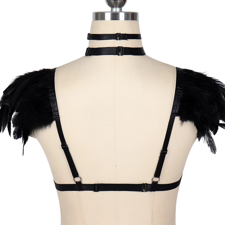 Black Strappy Crop Tops Lingerie Belt Feather Harness Epaulette for Women Adjust Elastic Punk Bralette Festival Rave Clothing