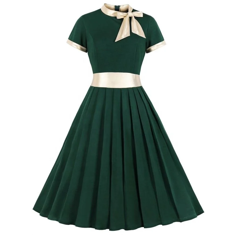 2019 Solid Women Retro Dress Short Sleeves Pleated Vintage Dress