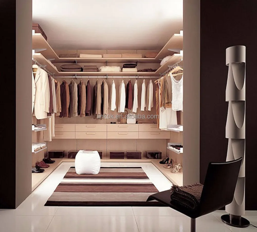 U shaped walk in cabinet for clothes with dressing table design