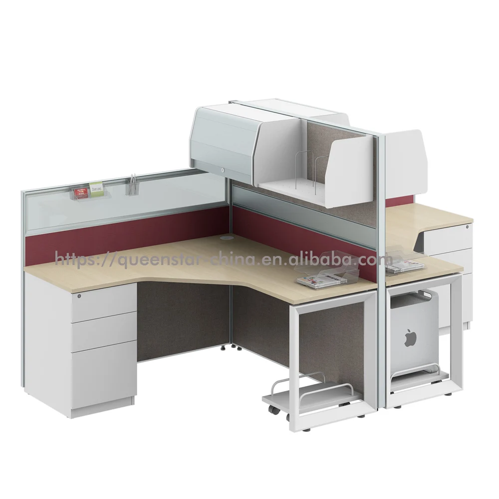 
QS-J11 L shape clusters of two office workstation office partition with overhead storage cabinet and hanging shelf 