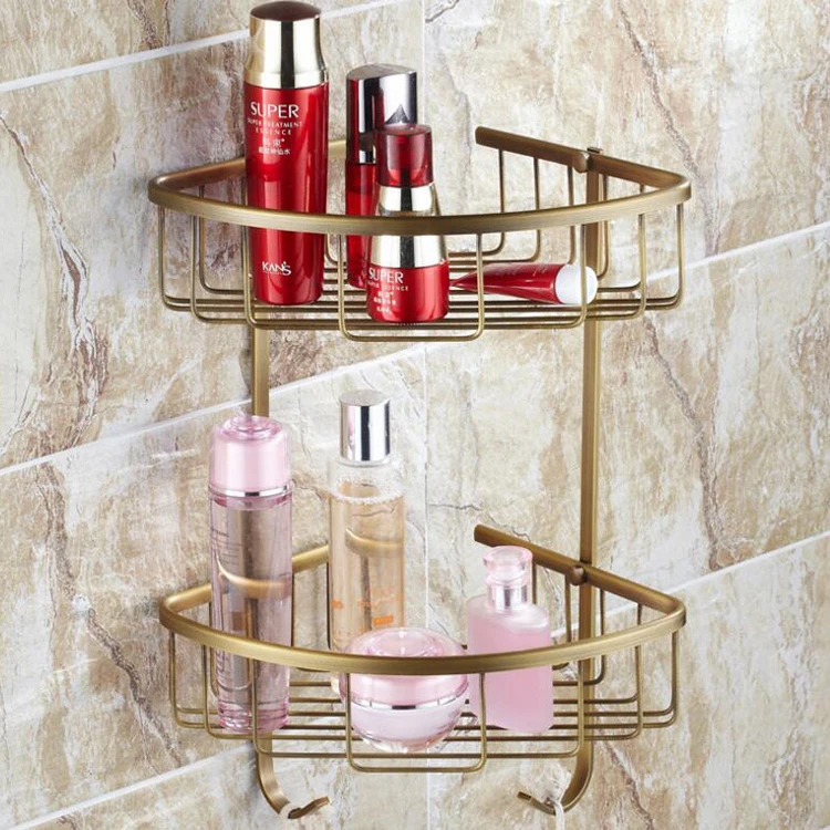 
Bathroom corner shelves dual tier antique brass basket holder bathroom accessories KXL-5262 