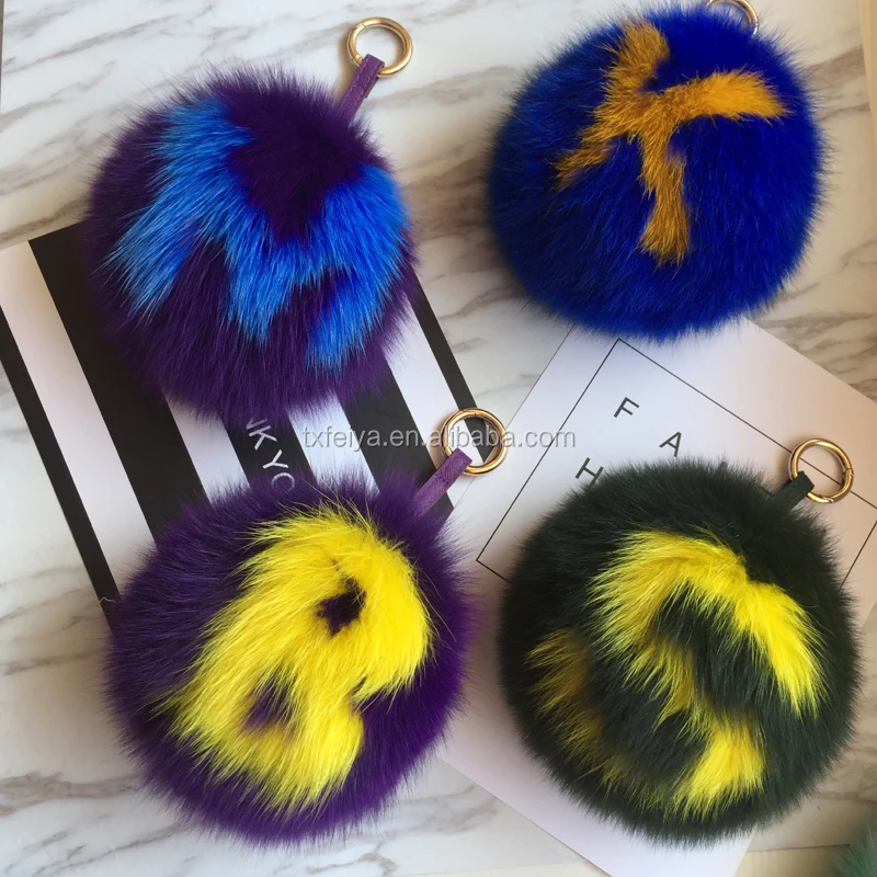 Karl Lagerfeld Design Alphabet Letter Real Fox Fur Pom Poms Key Chains