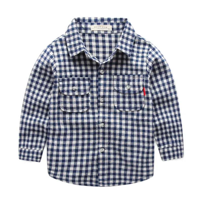 Футболка для мальчика с длинными рукавами темно голубой цвет; Клетчатая официальная одежда рубашки для мальчиков из детской одежды от производителя