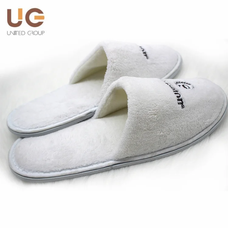 Yangzhou United Factory Latest Design Brand Hotel Use White Cotton Coral Velvet Fabric Custom Logo Cheap Wholesale Slippers