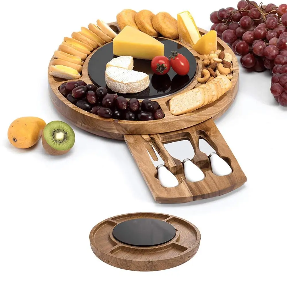 Доска для сыра из дерева акации, с круглым сланцем, доска для колбасы, Сервировочная доска для сыра с выдвижным ящиком