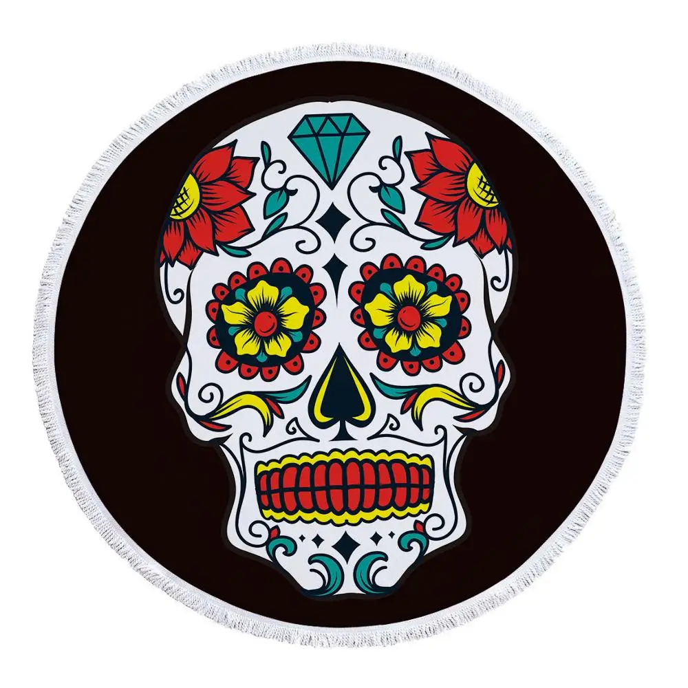 Skull Round Beach Towel Circle Blanket Skeleton Flower Microfiber Round Beach Blanket Custom Print Toalla Redonda