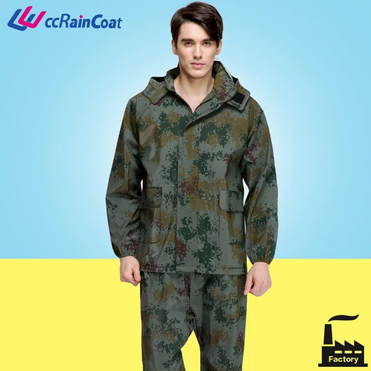 
pvc and polyester camouflage raincoat for outdoor 